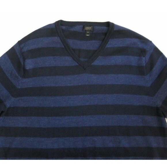 J Crew Mens Sweater Merino Wool XL Preppy Luxury Blue Black Striped Pullover - Picture 2 of 3